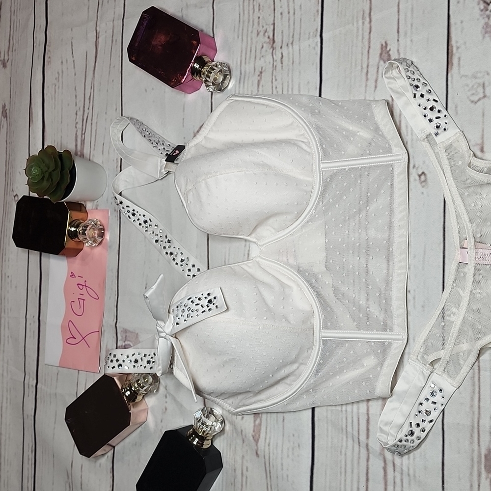 SET VICTORIA Secret White Sheer Bling Bow Lace Dots Dream Angels Corset 36 DD - Picture 4 of 14